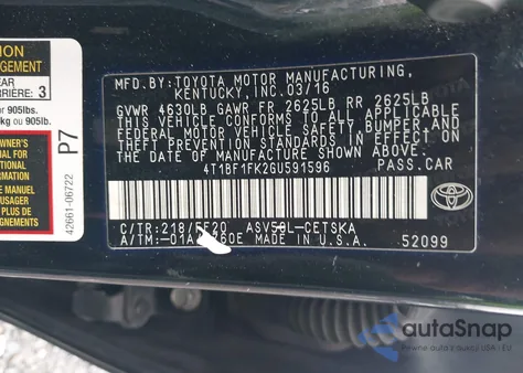 2016 Toyota Camry Se z USA, uszkodzony, nr VIN 4T1BF1FK2GU591596